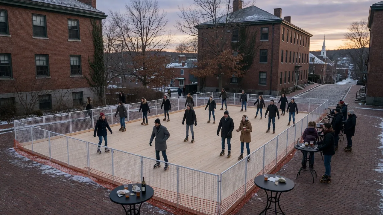 Guests skating on a modular roller floor inside a hotel event room