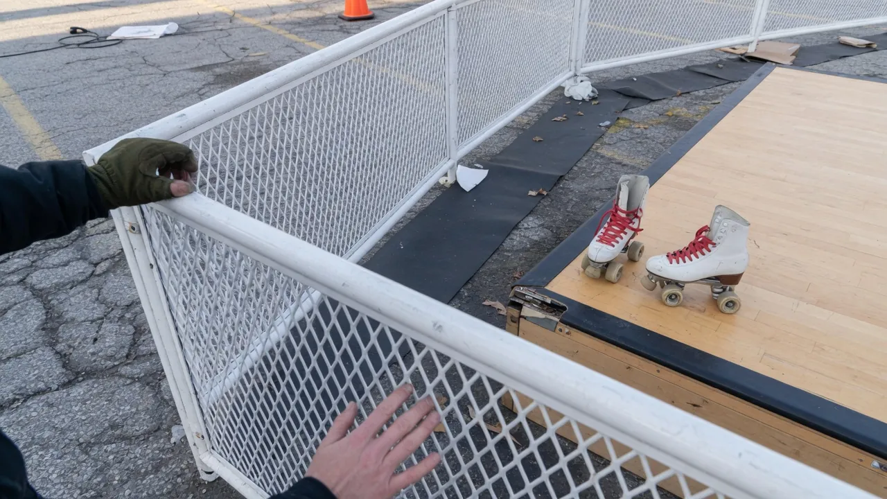 Editorial photo of event fencing and a guest path on a Reading-style pad; not a specific venue