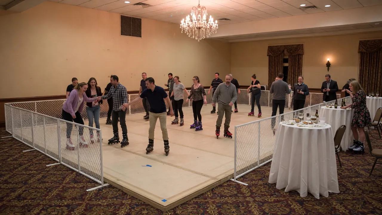 Editorial photo of a portable roller rink in a hillside downtown setup; not a specific Reading venue