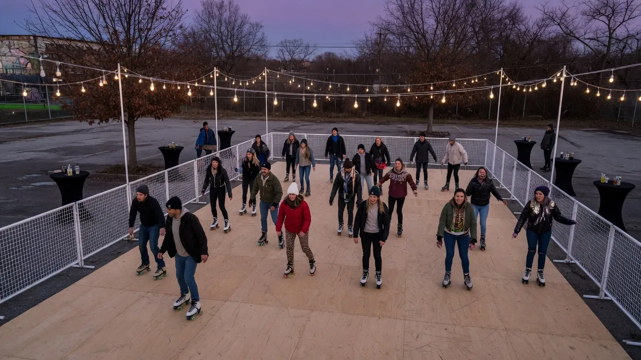 Editorial photo of a portable roller rink setup near a Reading-style event pad; not a specific venue