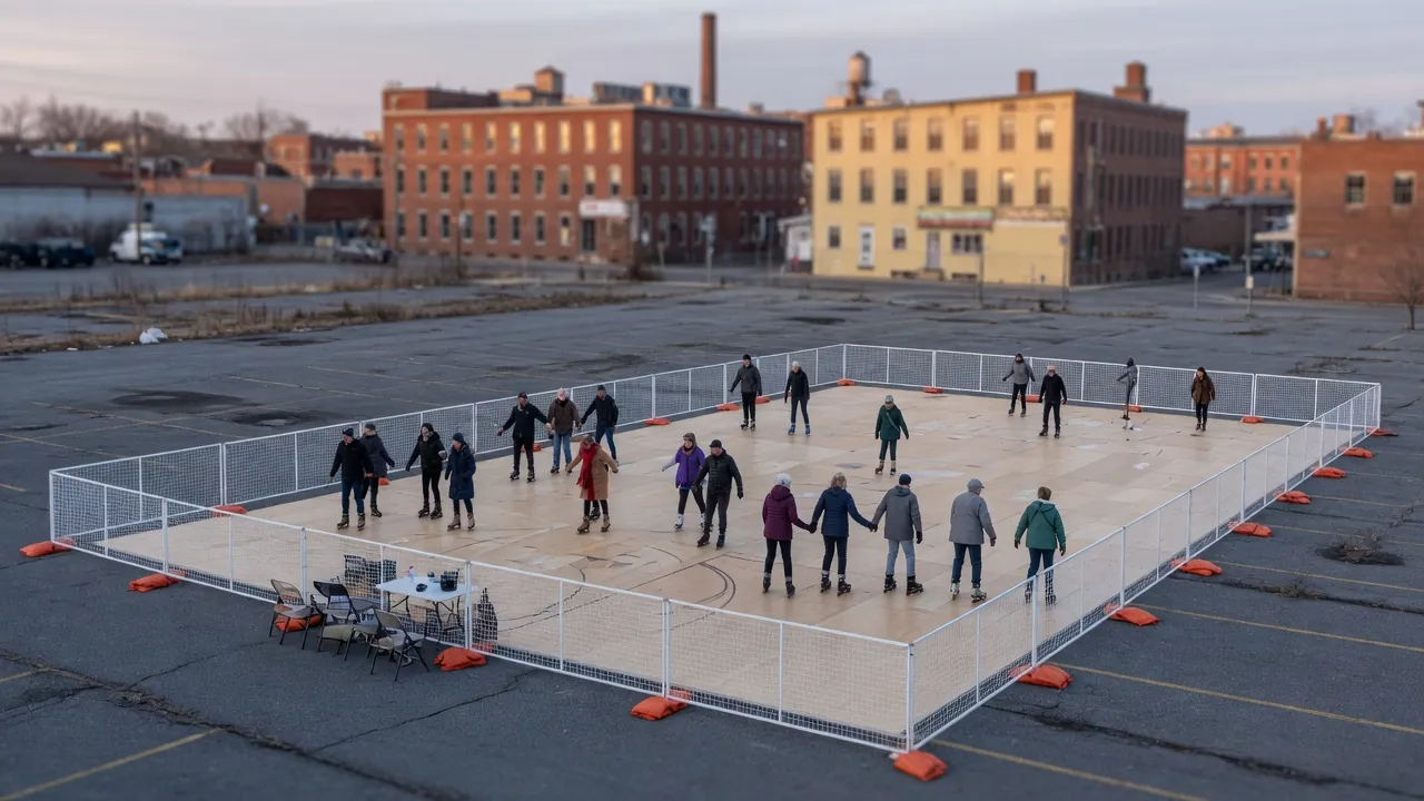 Editorial photo of a portable roller rink on a outlet-lot winter festival; not a specific Reading venue
