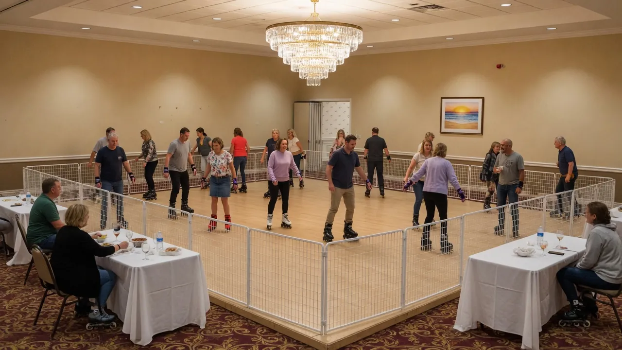 Editorial photo of a portable roller rink in a beach-town indoor hall; not a specific Rehoboth venue