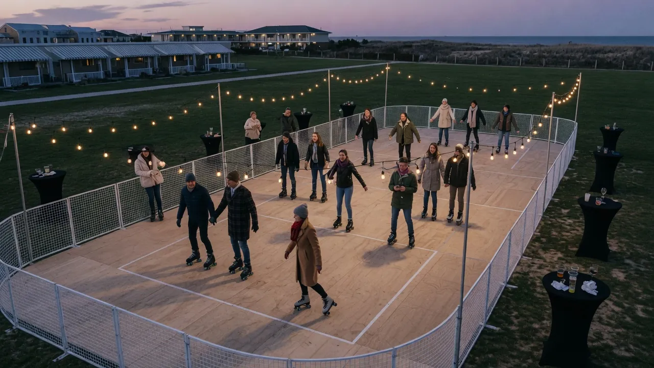 Editorial photo of a portable roller rink setup near a Rehoboth Beach-style event pad; not a specific venue