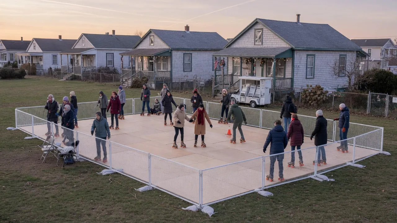 Editorial photo of a portable roller rink on a shore-town winter lot; not the Rehoboth boardwalk