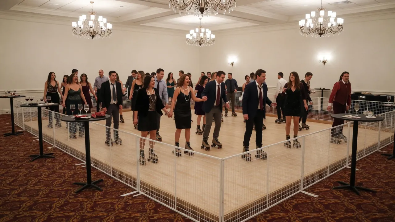 Portable roller rink floor, rails, skates, and fitting area prepared for guests