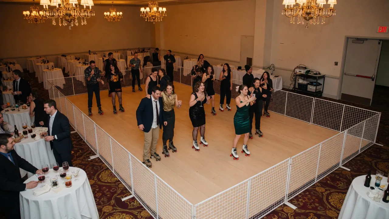 Portable roller rink rails and skating surface prepared in a ballroom