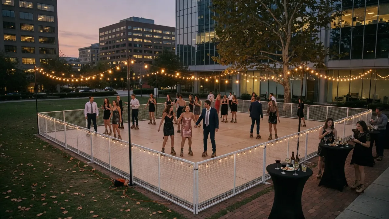 Guests skating on a modular roller floor inside a city event hall
