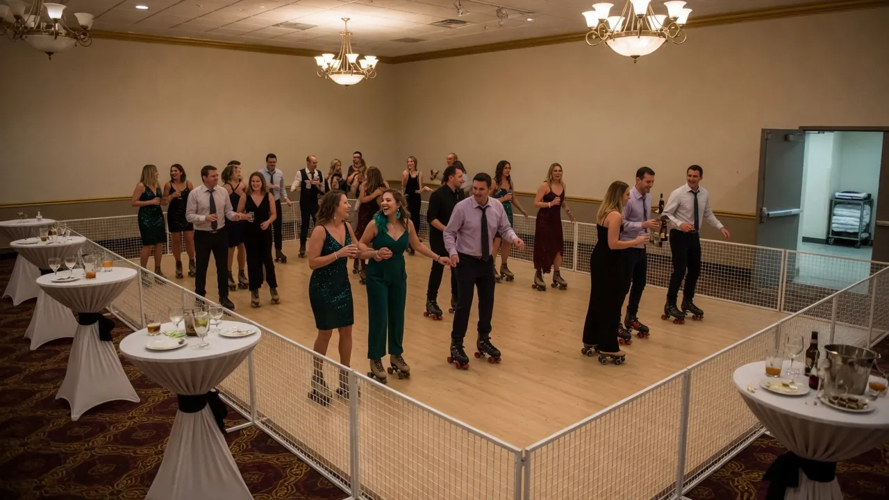 Portable rink rails and floor prepared inside a civic hall