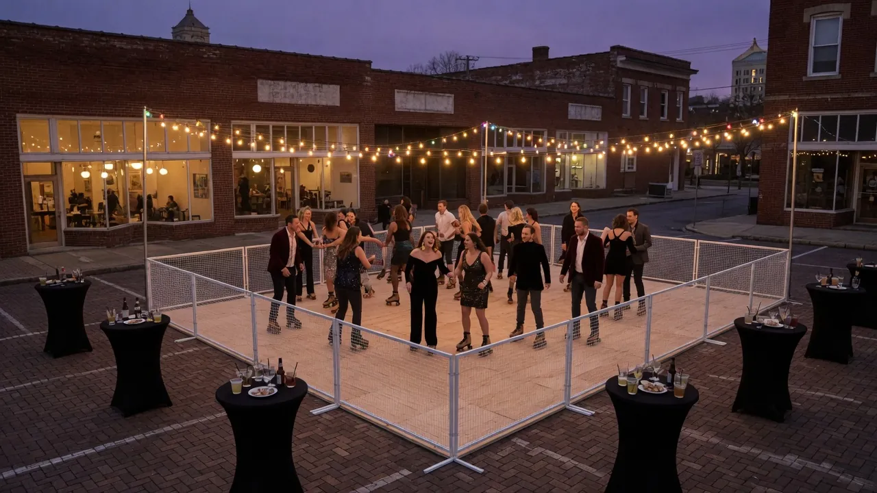 Families skating on a modular roller floor at a community event