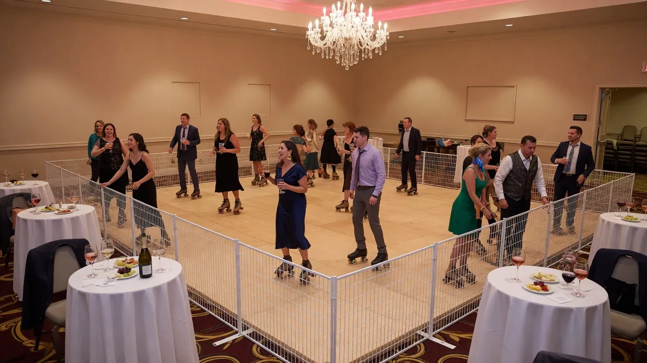 Portable roller rink set up at a winter holiday party in a Rochester-style setting; not a specific venue