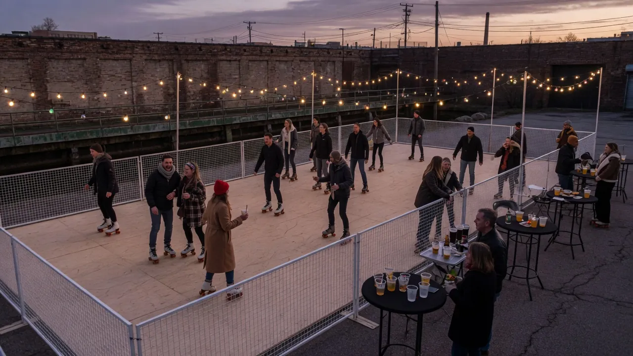Portable roller rink set up at a winter holiday party in a Rochester-style setting; not a specific venue