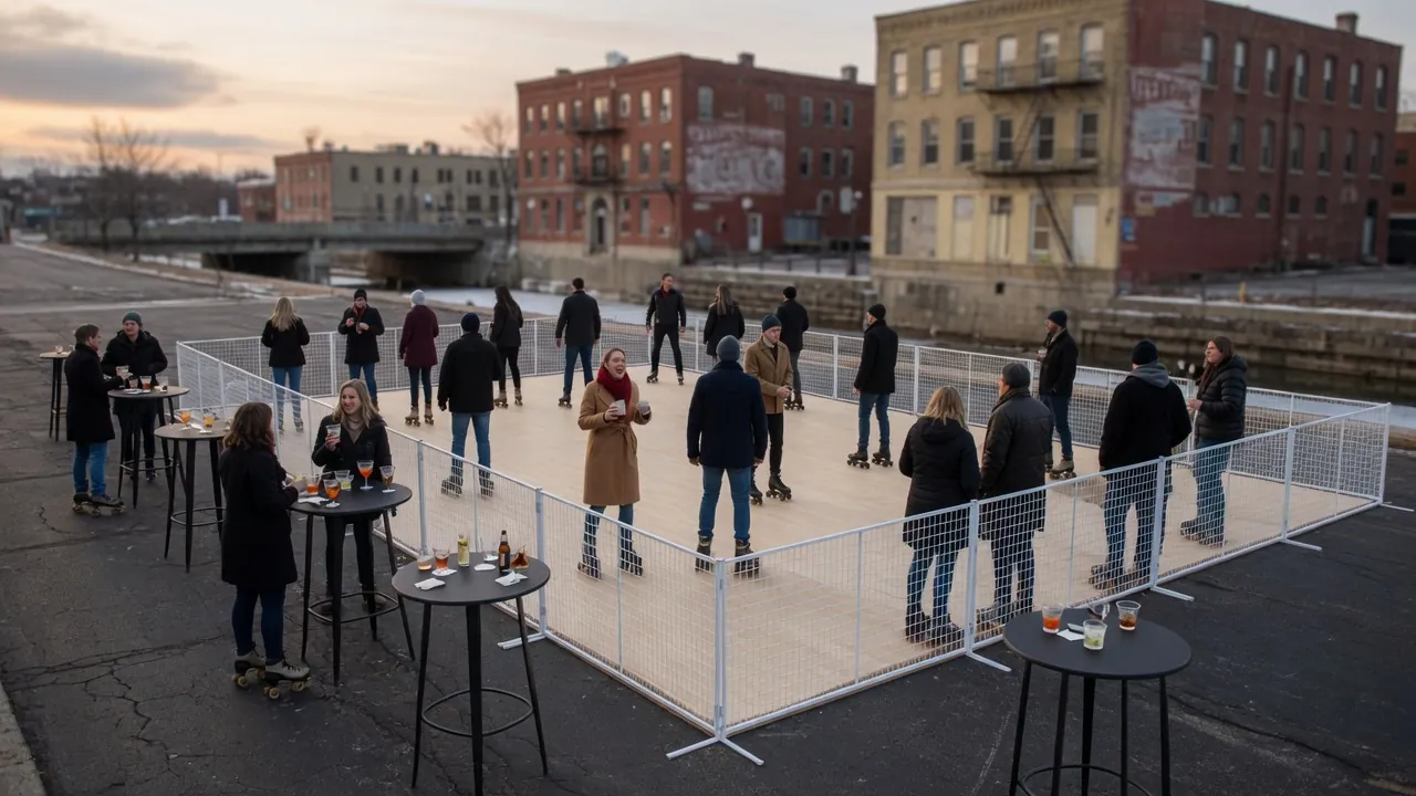 Portable roller rink set up at a winter holiday party in a Rochester-style setting; not a specific venue