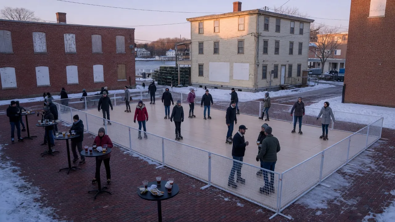 Guests skating on a modular roller floor inside a covered event venue