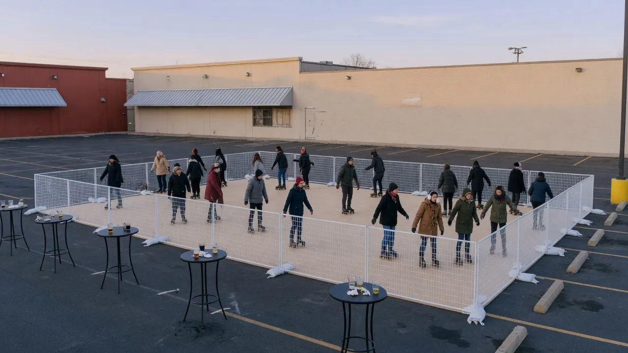 Guests skating on a modular roller floor at an event venue