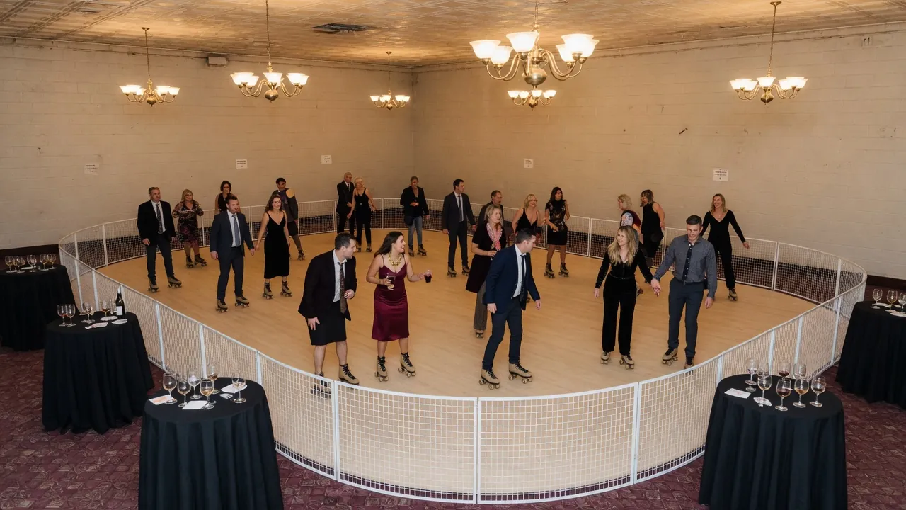 Portable roller rink rails and lighting prepared in a ballroom