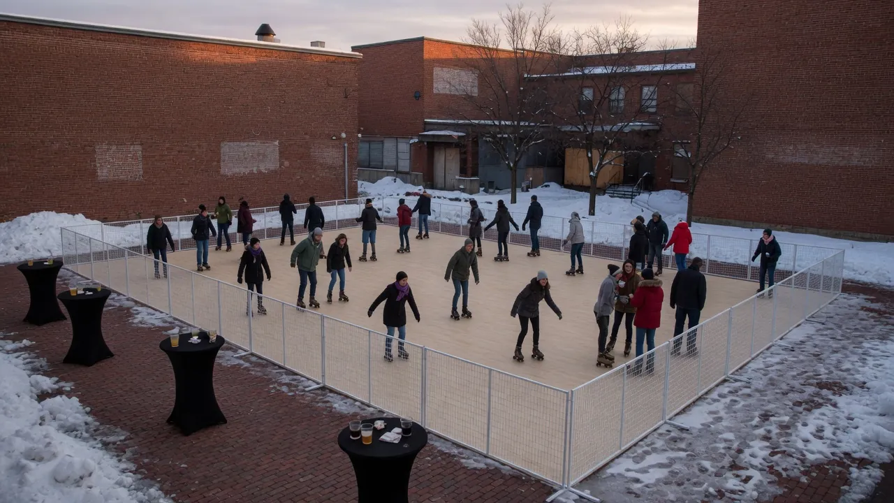 Guests skating on a modular roller floor inside a hotel event room
