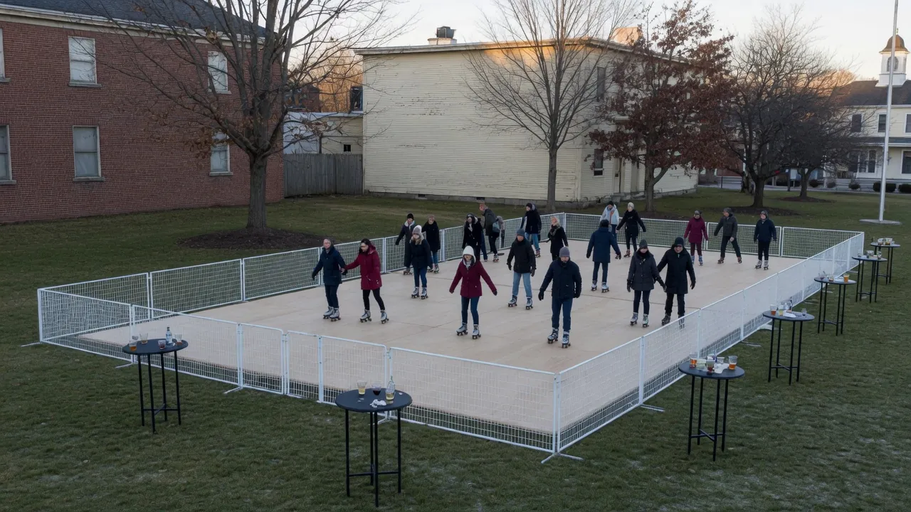 Families skating on a modular roller floor at a community event
