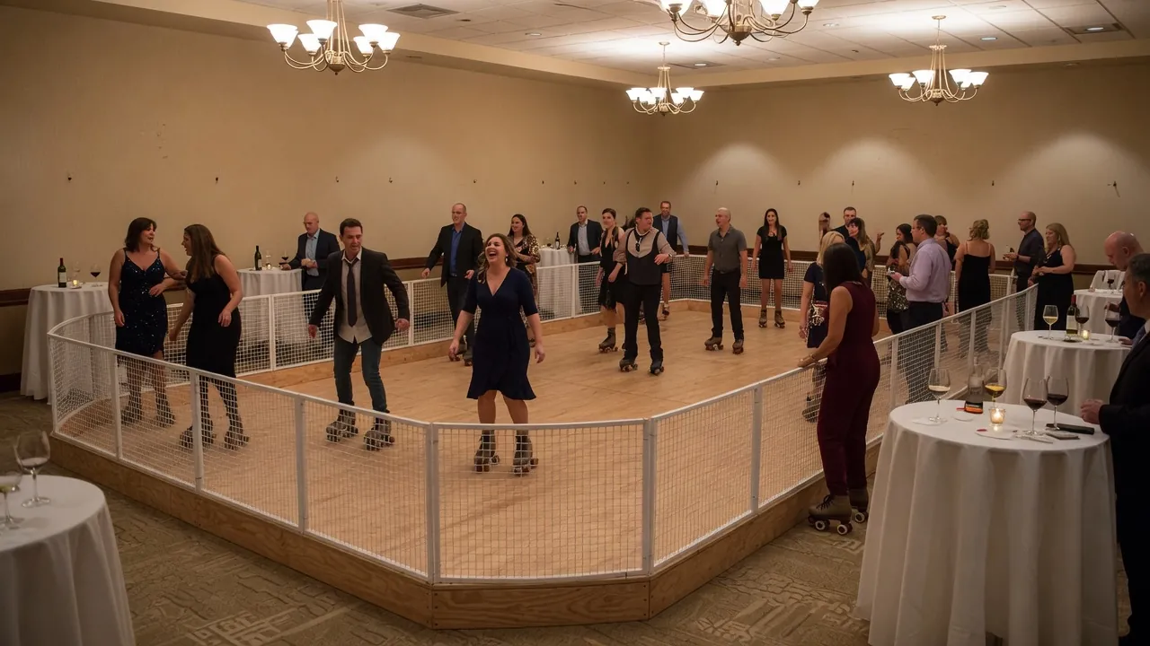 Editorial photo of a portable roller rink install for a Saratoga Springs-style event; not a specific venue