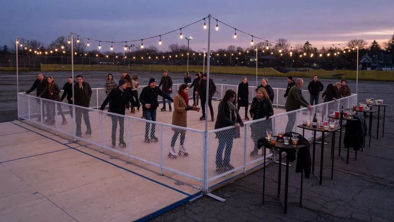 Editorial photo of a portable roller rink setup near a Saratoga Springs-style event pad; not a specific venue