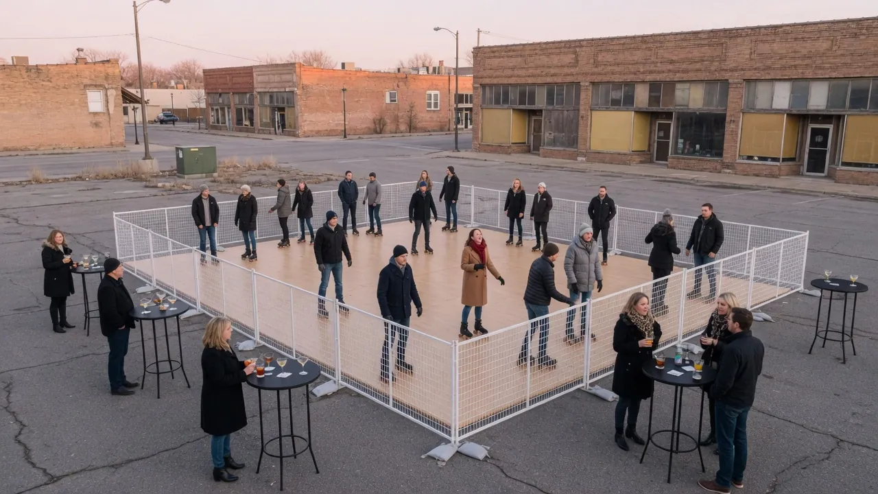 Editorial photo of a portable roller rink in a Saratoga Springs-style setting; not a specific venue