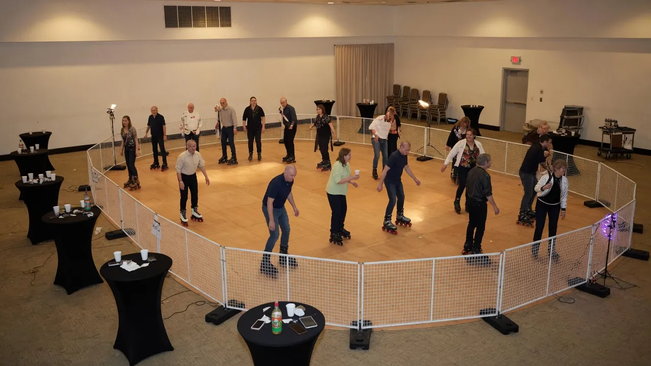 Editorial photo of a portable roller rink in a community indoor room; not a specific Scranton venue
