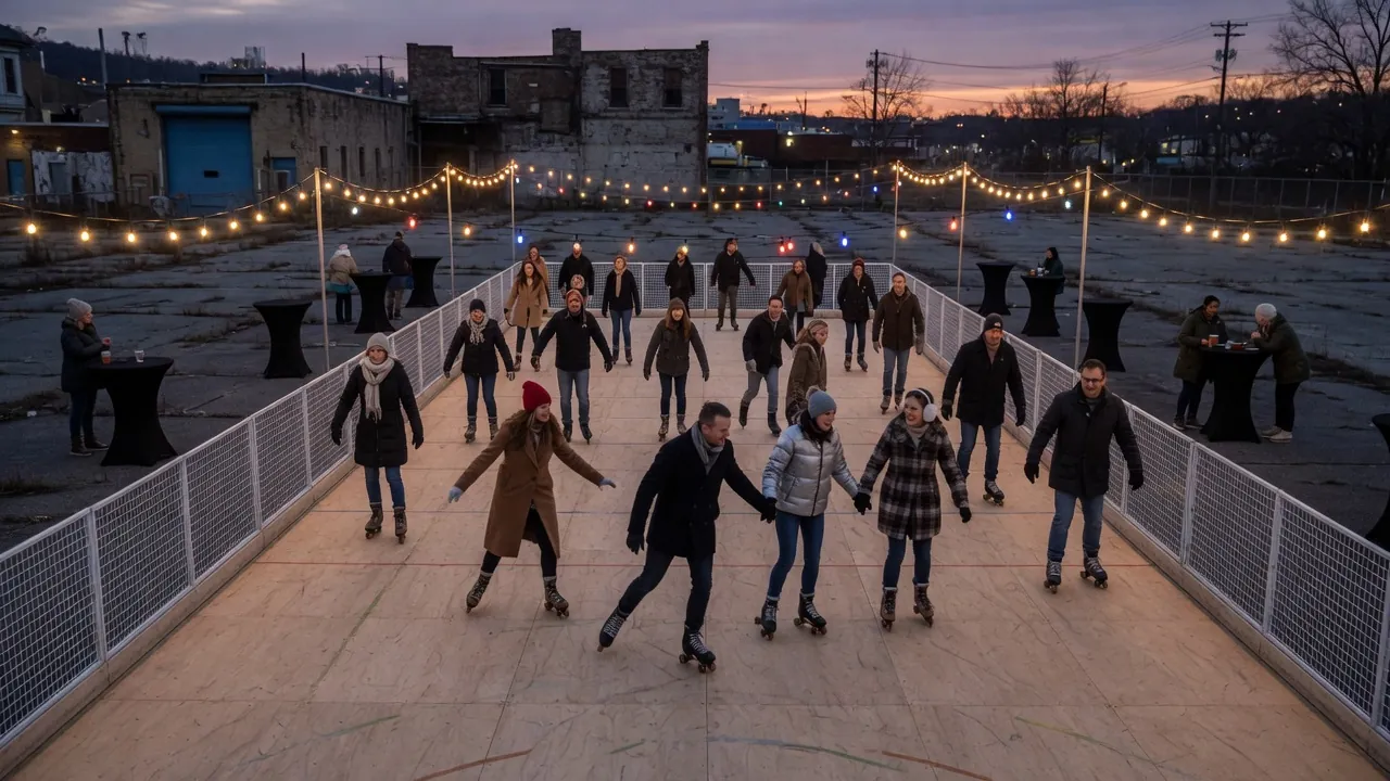 Editorial photo of a portable roller rink setup near a Scranton-style event pad; not a specific venue