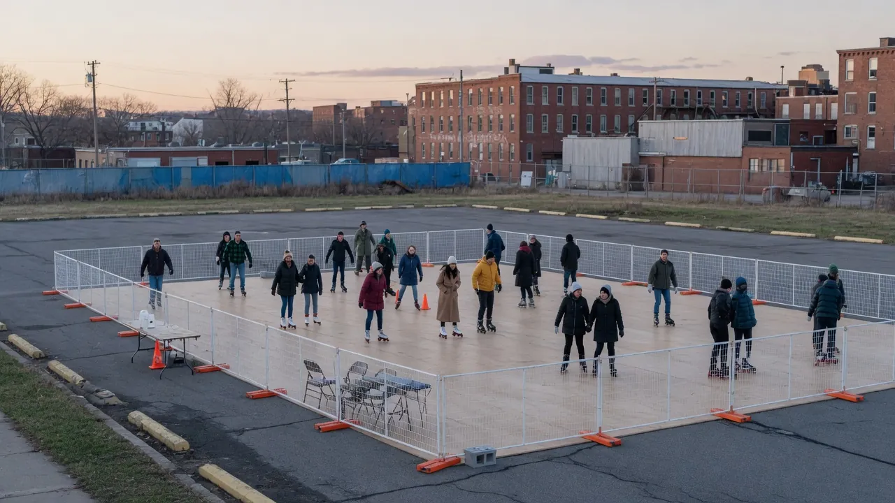 Editorial photo of a portable roller rink on a historic downtown winter block; not a specific Scranton venue
