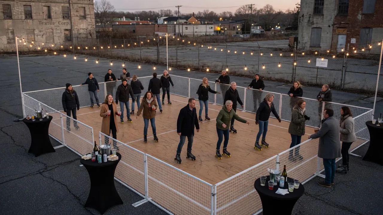 Editorial photo of a portable roller rink setup near a Seaford-style event pad; not a specific venue