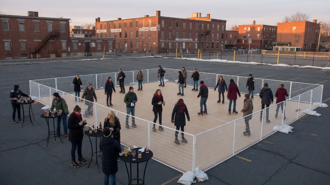 Editorial photo of a portable roller rink in a Seaford-style setting; not a specific venue