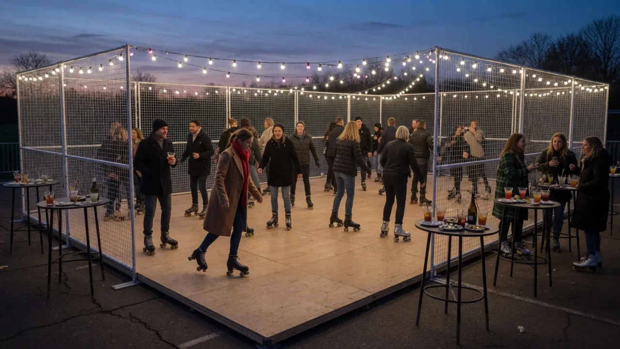 Editorial photo of a portable roller rink setup near a Smyrna-style event pad; not a specific venue