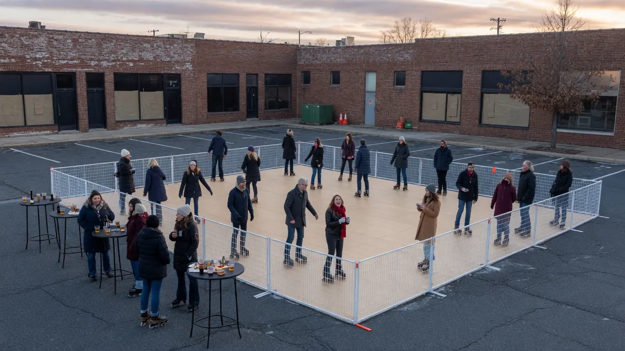 Editorial photo of a portable roller rink in a Smyrna-style setting; not a specific venue
