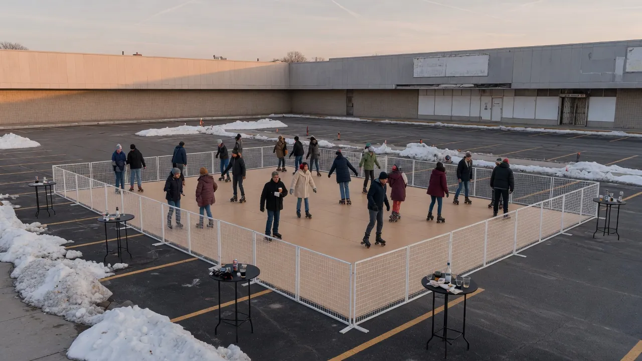 Students skating on a modular roller floor inside a gym