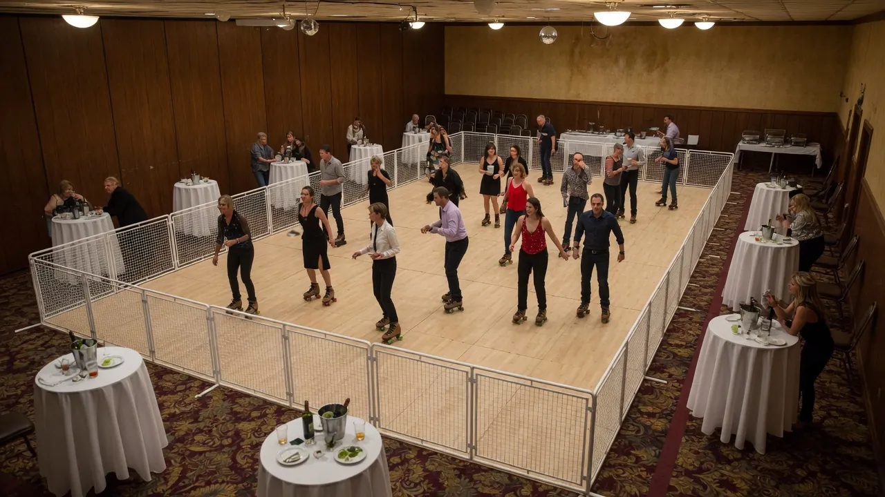 Portable roller rink floor and perimeter rails prepared for guests