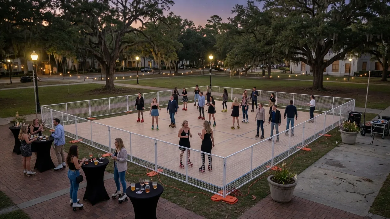 Guests skating on a modular roller floor at an indoor event