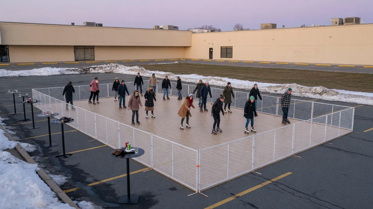 Guests skating on a modular roller floor at a retail event