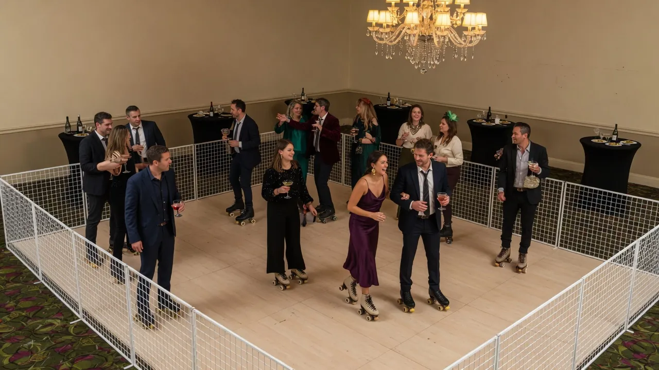 Spectators watching a managed roller skating session under event lighting