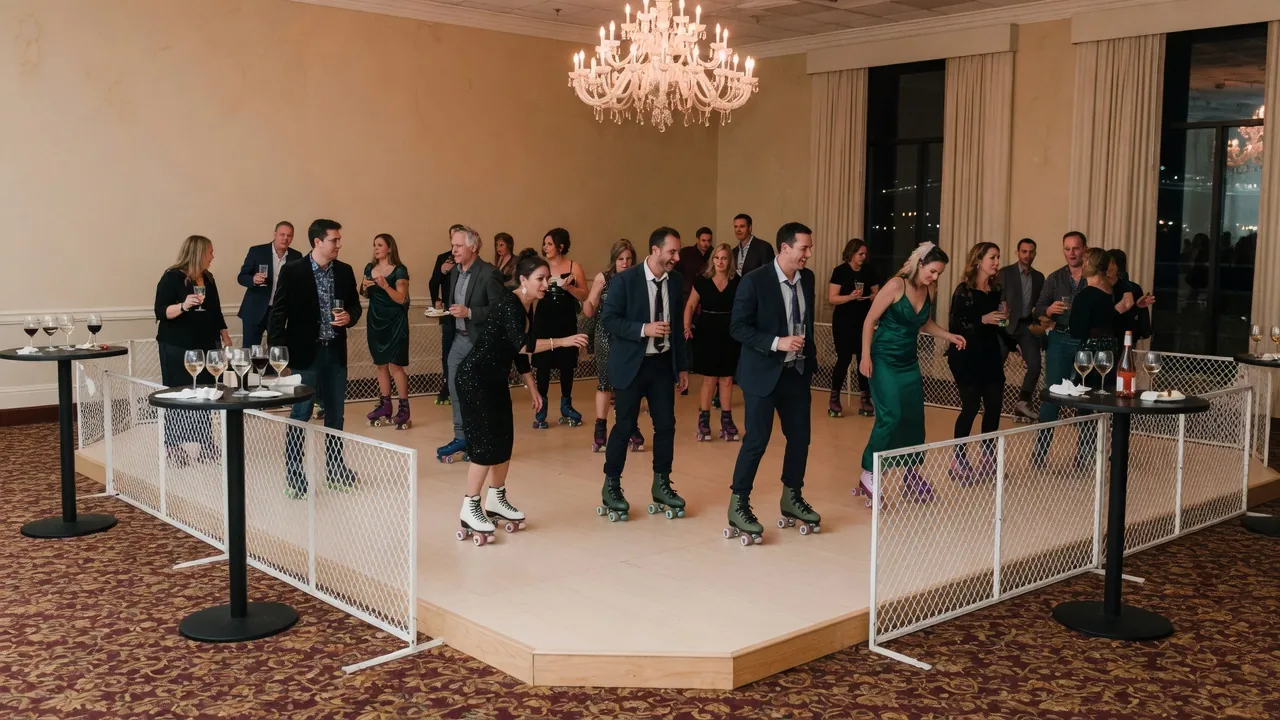 Portable roller rink rails and skating surface prepared for guests