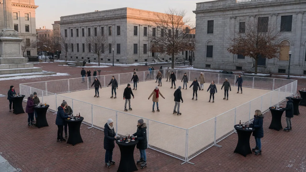 Guests skating on a modular roller floor at an event venue