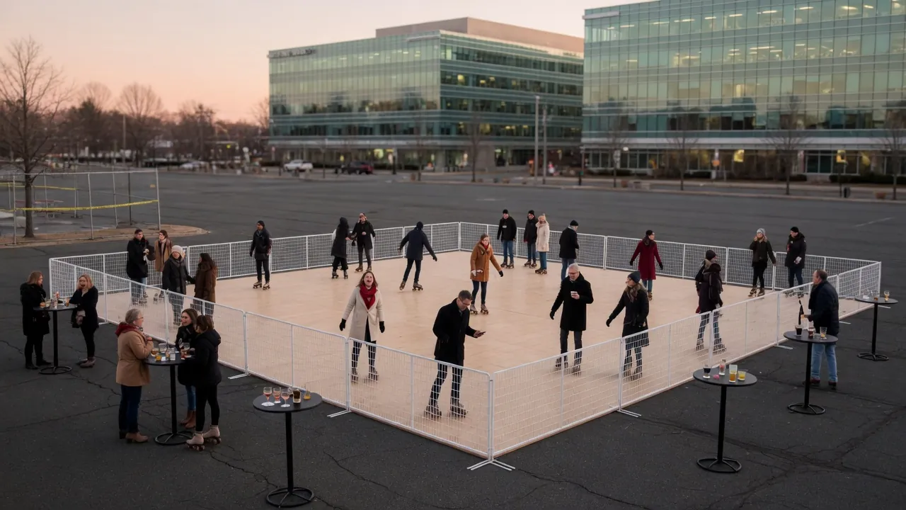 Guests skating on a modular roller floor inside a covered event venue