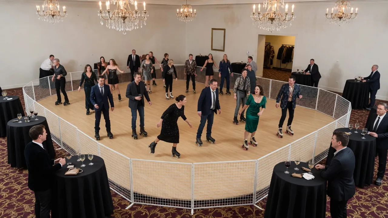 Portable rink rails and floor prepared inside a civic hall