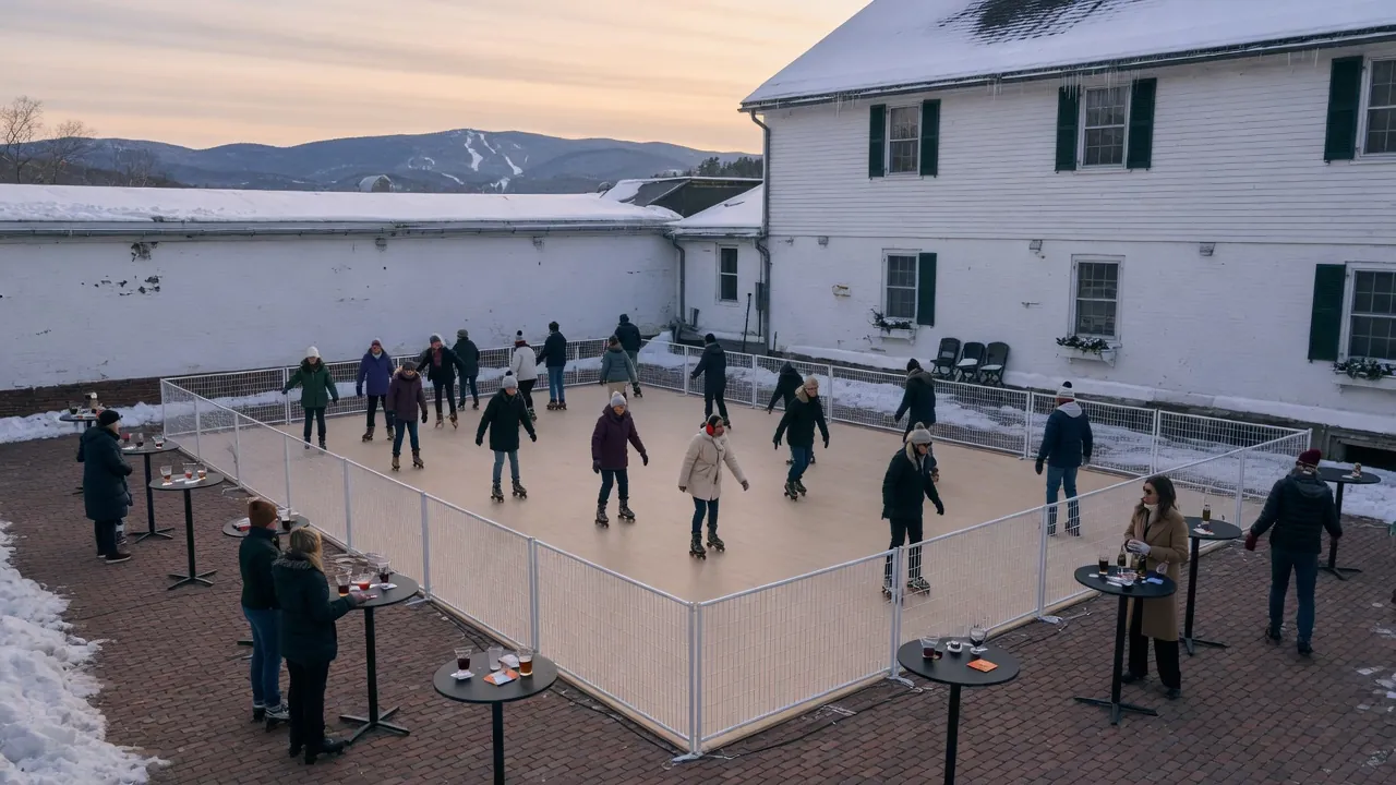Families skating on a modular roller floor at a community event