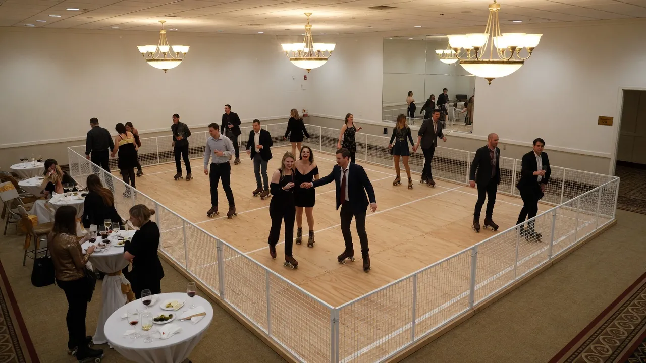 Editorial photo of a portable roller rink install for a Syracuse-style event; not a specific venue