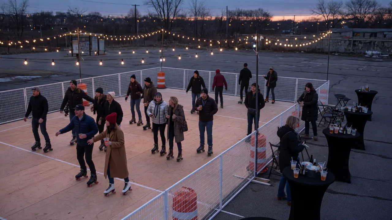 Editorial photo of a portable roller rink setup near a Syracuse-style event pad; not a specific venue