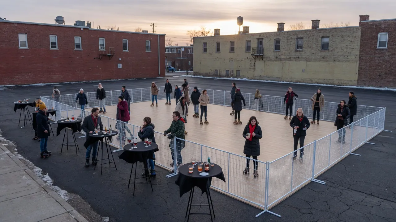 Editorial photo of a portable roller rink in a Syracuse-style setting; not a specific venue