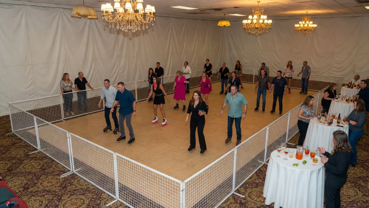 Portable rink rails and dry skating surface prepared indoors