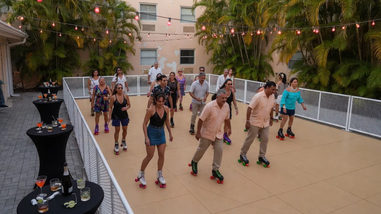 Roller skates arranged beside a protected fitting and check-in area