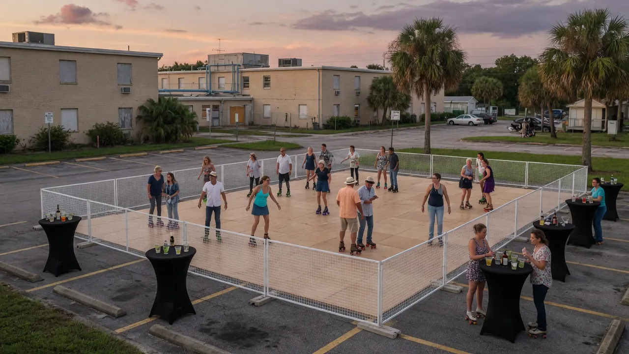 Guests skating on a modular roller floor inside a covered event venue