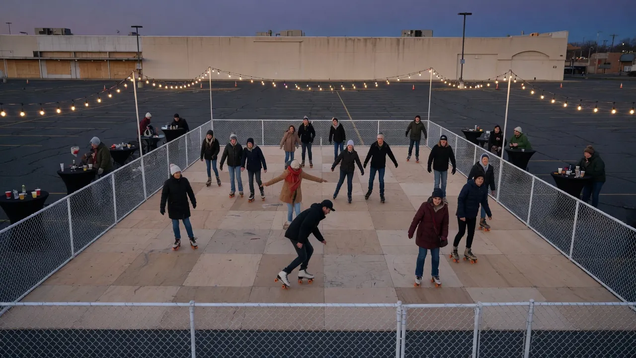 Editorial photo of a portable roller rink setup near a Toms River-style event pad; not a specific venue