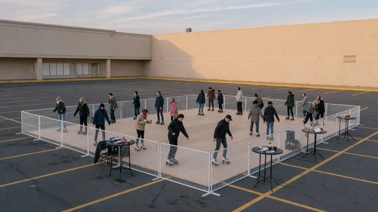 Editorial photo of a portable roller rink in a Toms River-style setting; not a specific venue