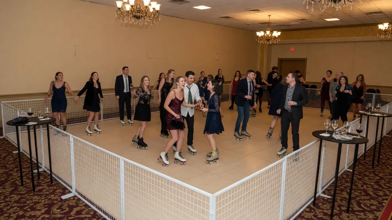 Portable roller rink floor, rails, skates, and fitting area prepared for guests